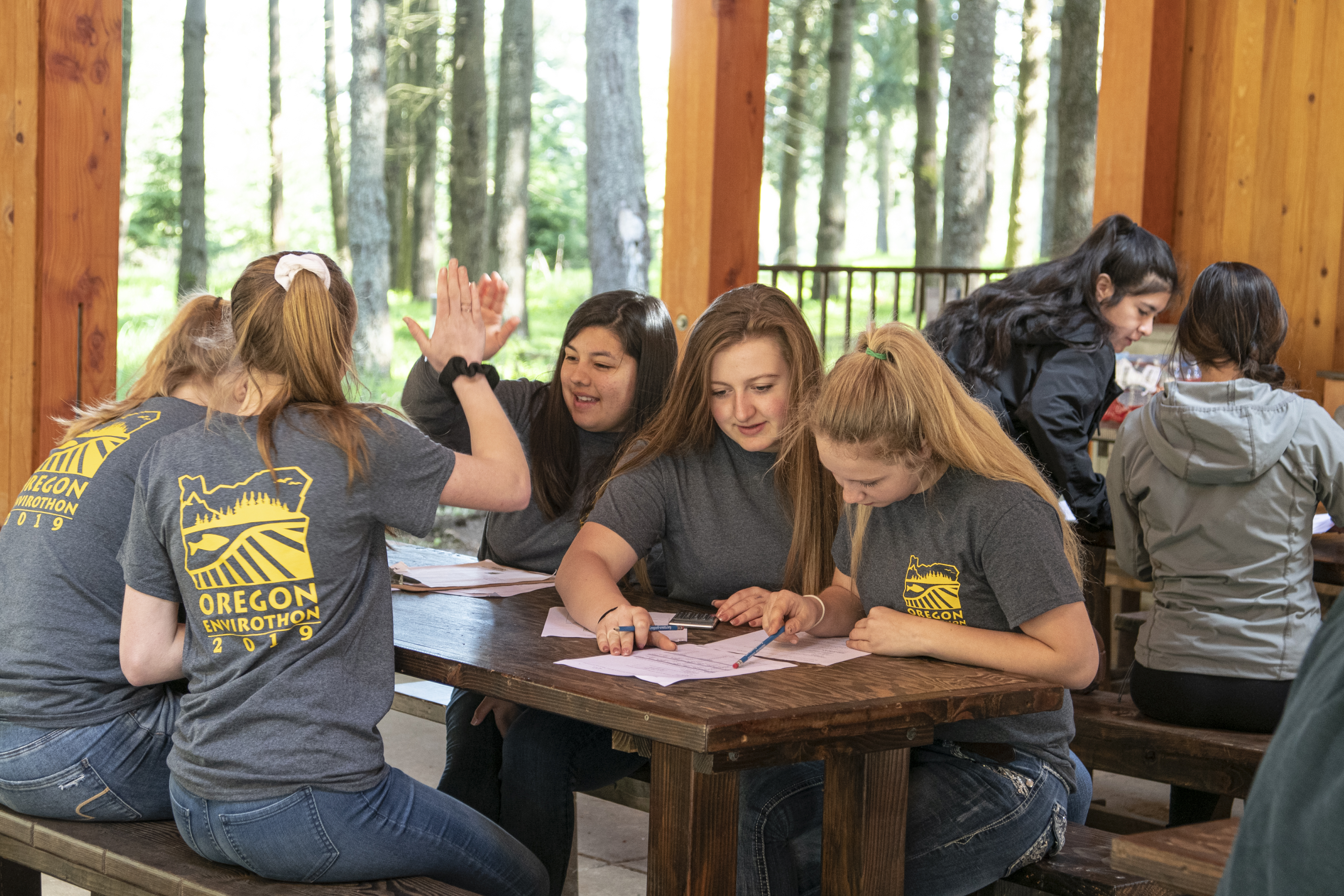 Students wearing Oregon Envirothon shirts collaborate at a picnic table under a wooden pavilion, with two of them sharing a celebratory high five.