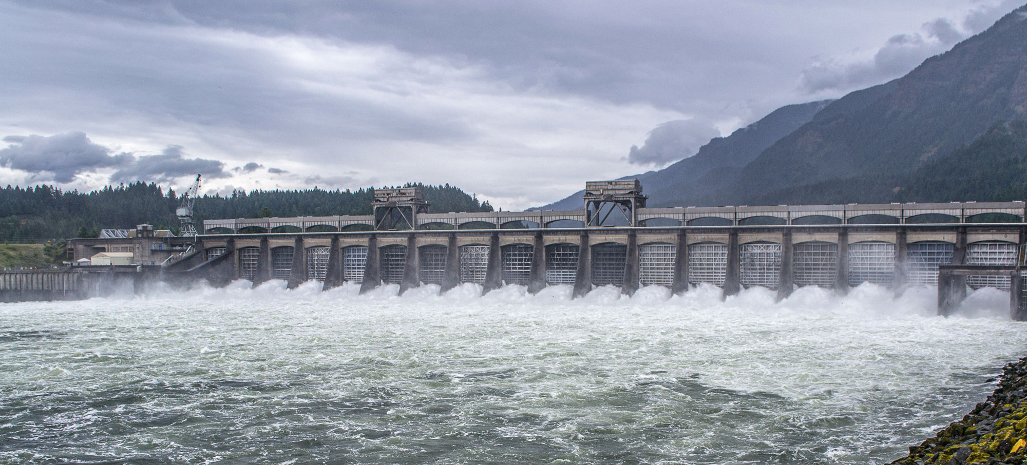 Water surges through the spillways of Bonneville Dam on the Columbia River, with forested hills and cloudy skies in the background.